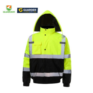 hi vis black bottom winter safety jacket supplier | practical reflective workwear grc j603